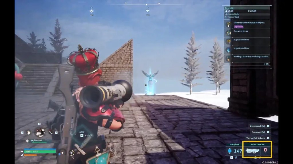 Palworld in-game base view on PC with weapon and Pal management HUD