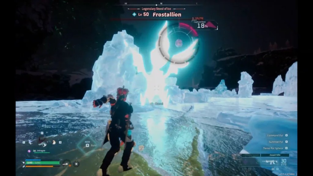 Palworld combat gameplay screenshot with weapon and Pal summon HUD visible